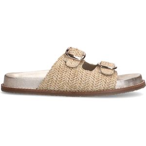 Sacha - Dames - Beige leren slippers met gespen - Maat 37