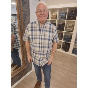 Chris Cayne heren overhemd korte mouw - maat M - met borstzak - kleur blauw/zand - ruit dessin - 100 % Katoen - slub garen - shirt heren - shirt M - borstzak