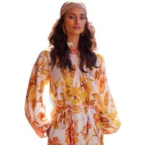 Trendyol Ecru Bloemen Geweven Overhemd Linnenlook Jurk Tctss24Eb00106