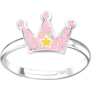 Joy|S - Zilveren kroontje ring - verstelbaar - roze met glitter - gele ster - voor kinderen
