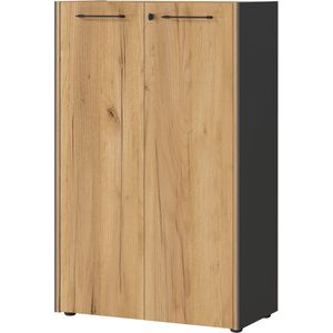 Lage dichte kantoorkast Pytheas Eiken - Grafiet - Breedte 75 cm - Hoogte 120 cm - Diepte 40 cm - Met planken - Met openslaande deuren