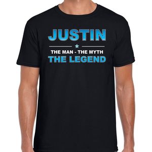 Naam cadeau Justin - The man, The myth the legend t-shirt  zwart voor heren - Cadeau shirt voor o.a verjaardag/ vaderdag/ pensioen/ geslaagd/ bedankt M