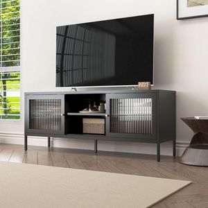 Coemo Modern dressoir 'Tokio' Zwart - Praktisch lowboard voor woon- of slaapkamer - Metalen tv-meubel met legplank en glazen schuifdeuren - Ladekast voor tv, hifi, boeken, decoratie