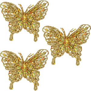 12x Kerstboomversiering op clip vlinders glitter goud 11 cm - kerstfiguren - vlinders