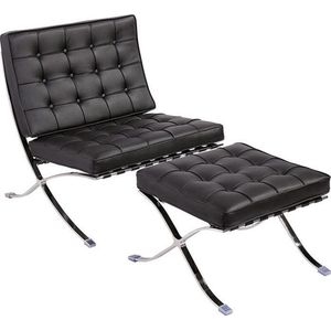 OHNO Furniture Chicago Lounge Stoel met Poef - Imitatieleer, RVS, Zwart