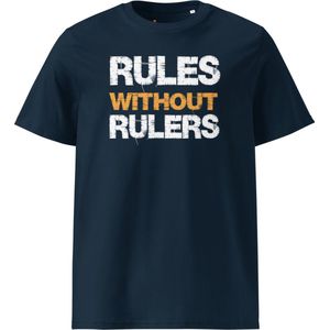 Rules Without Rulers - Unisex - 100% Biologisch Katoen - Kleur Marine Blauw- Maat 2XL | Bitcoin cadeau| Crypto cadeau| Bitcoin T-shirt| Crypto T-shirt| Crypto Shirt| Bitcoin Shirt| Bitcoin Merch| Crypto Merch| Bitcoin Kleding