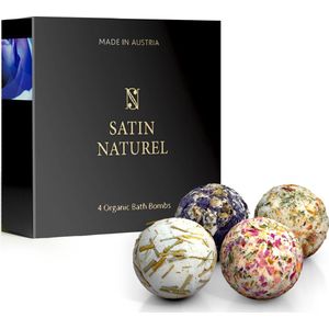 Satin Naturel Geschenkset voor Vrouwen - Luxe Bruisballen voor bad, Badbommen en Badparels van essentiële oliën en shea butter (ongeraffineerd), ideaal voor huidverzorging en ter ontspanning, Badset met 4 stuks (diameter 5-7 cm per bal)