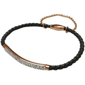 Silventi 980101958 Lederen armband met metalen - zirkonia - Zwart - gevlochten - rosegoudkleurig