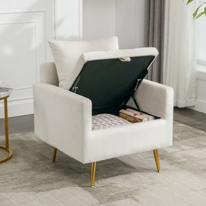 Moderne, minimalistische fluwelen stoel, fauteuil, voetenbank met opbergruimte, sierkussens en armleuning loungestoel met goudkleurige metalen poten, beige