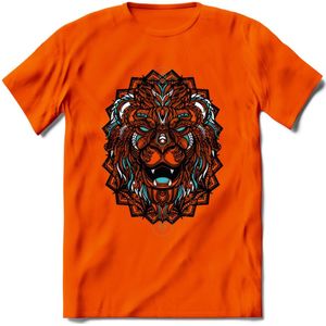 Leeuw - Dieren Mandala T-Shirt | Lichtblauw | Grappig Verjaardag Zentangle Dierenkop Cadeau Shirt | Dames - Heren - Unisex | Wildlife Tshirt Kleding Kado | - Oranje - 3XL