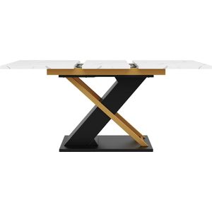 Uitschuifbare eettafel (120-160×80cm), keuken-woonkamertafel, uitschuifbare tafel, uitschuifbaar tot 160cm met behulp van een intern inzetblad, eettafel met gouden kruispoten
