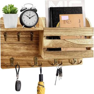 Sleutelrek met plank, modern, houten sleutelhouder, hal, sleutelhouder, organizer met 7 sleutelhouders, wandsleutelhouder voor woonkamer, slaapkamer, keuken, sleutelrek