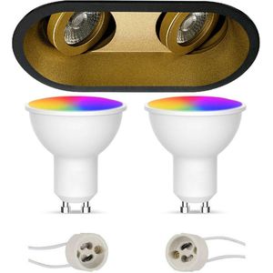 LED Spot Set GU10 - Oficto - Smart LED - Wifi LED - Slimme LED - 5W - RGB+CCT - Aanpasbare Kleur - Dimbaar - Afstandsbediening - Proma Zano Pro - Inbouw Ovaal Dubbel - Mat Zwart/Goud - Kantelbaar - 185x93mm