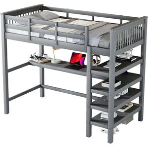 Merax Kinderhoogslaper 90x200 cm met Opbergrekken en Bureau - Grijs (Exclusief Matras)