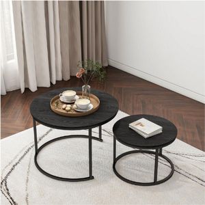 Ronde Salontafel Set van 2 - Zwarte Bijzettafels Met Metalen Frame en Houtlook - Stevige Nesttafels voor Woonkamer en Slaapkamer - Eenvoudige Montage