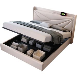 Merax Gestoffeerd Tweepersoonsbed 140x200 cm - Bed met USB-C Aansluiting - Bedframe met Hydraulische Opbergruimte - Beige