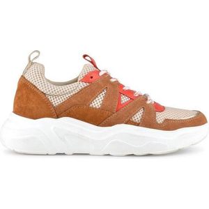 PS Poelman Year Dames Leren Chunky Runner Sneaker van Mesh en Suéde - Bruin Beige Rood - Maat 36