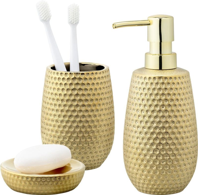 Navaris - Luxe Badkameraccessoires Set - Goudkleurig - Keramiek - 3-delig - Zeepdispenser, Zeepbakje en Tandenborstelhouder