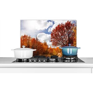 KitchenYeah - Spatscherm - Boom - Herfst - Rood - Lucht - 70x50 cm - Muurbeschermer