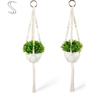 Set van 2 kunstplanten met macramé plantenhanger en witte keramische potten, kunstplanten (14 cm) + bloemenhanger macramé (60 cm), kunsthangplanten, kunsthangplanten