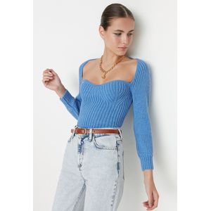 Trendyol Vrouwen Standaard mouw Basis Blauwe cropped gebreide trui met hartkraag TWOAW22KZ1760