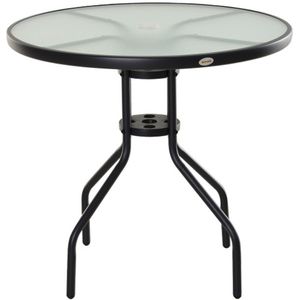 Tuintafel, balkontafel, bistrotafel met parasolgat Ø80 cm, gehard glas en zwart metaal, ideaal voor tuin en terras