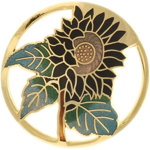 Behave® Broche rond bloem zonnebloem zwart - emaille sierspeld -  sjaalspeld  4,8 cm