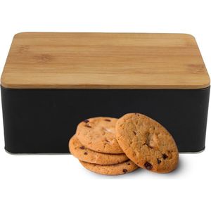 Koektrommel Ventura - zwart met bamboe deksel - 1700 ml - 19 x 13 x 7 cm - metaal - Koekblik