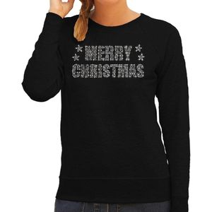 Glitter foute kersttrui zwart Merry Christmas glitter steentjes/ rhinestones voor dames - Glitter kerstkleding/ outfit XL