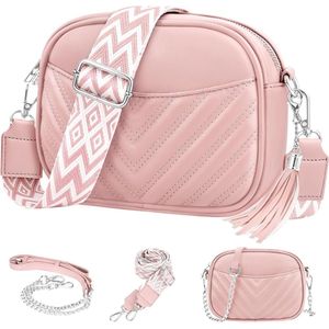 Crossbody tas voor dames - Roze - 22 x 16 x 5 cm - Met 2 verschillende schouderriemen en sleutelhanger - Schoudertas voor vrouwen - Verstelbare aztec schouderband - Handtas met ritsen - Waterbestendig - Zilveren hardware - Telefoontas