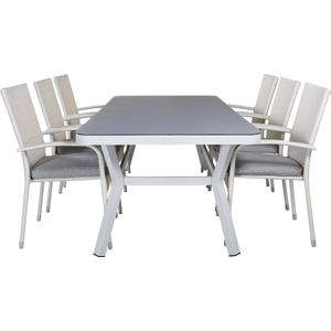 Virya tuinmeubelset tafel 100x200cm en 6 stoel Anna wit, grijs.