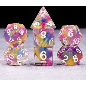 Vera's Arts & Dice | Dobbelstenen Set voor RPGs als Dungeons and Dragons | 7 stuks per set | Aurora Swipe | Transparant Doorzichtig met Transparante Vegen van Roze Blauw en Geel en Witte Cijfers | Met Dice Bag