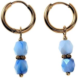 ∅14mm Oorbellen Dames - Verguld RVS - Oorringen met Lichtblauwe Glaskralen Hanger