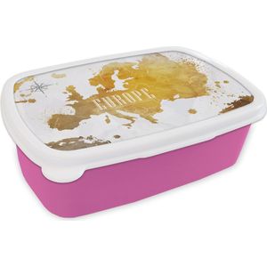 Broodtrommel Roze - Lunchbox - Brooddoos - Wereldkaarten - Europa - Goud - 18x12x6 cm - Kinderen - Meisje