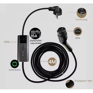 MoTronics by Junsun SYCDQ1164AG Laadkabel Type 2 – Mobiele Thuislader Elektrische Auto – 16A – 3.5kW – 4M – Instelbare Laadstroom en Laadtijd – Uitgesteld Laden – Schuko Stekker – IP65 Waterdicht – LCD Display – Inclusief Gratis Opbergtas
