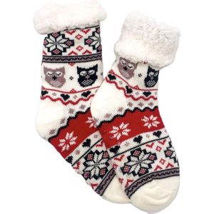 Merino Wollen sokken - Wit met Rood en Uiltjes - maat 35/38 - Huissokken - Antislip sokken - Warme sokken – Winter sokken