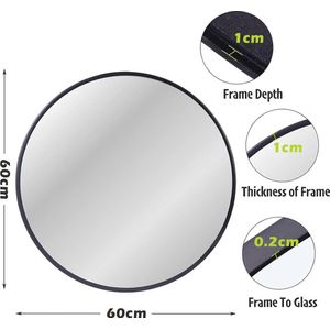 Ronde spiegel, 60 x 60 cm, metalen frame, wandspiegel, grote badkamerspiegel, cirkel hangende wandspiegel, zwarte wandspiegel voor woonkamer, slaapkamer, entree, decoratie