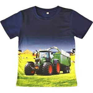 T-shirt met tractor + trailer, groene trekker Fendt, blauw, full colour print, kids, kinder, maat 92, stoer, mooie kwaliteit!