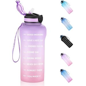 2 liter drinkflessen, BPA-vrij, 2 liter waterfles met tijdmarkering, 2000 ml, herbruikbare lekvrije gymwaterfles, kan met klapdeksel voor fitness, camping, yoga, reizen, paars roze