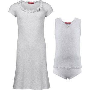 Exclusief Luxueus Kinder nachtkleding ; een Luxe mooi zacht grijs Girly Nachthemd met een verfijnde hals verwerking én een bijpassend zacht grijs ondergoed setje maat 128