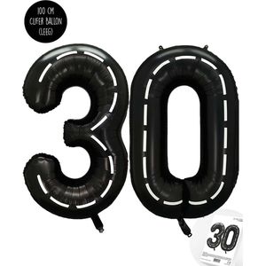 Cijfer Helium Folie Ballon XXL - 30 jaar cijfer - Zwart - Wit - Race Thema - Formule1 - 100 cm - Snoes