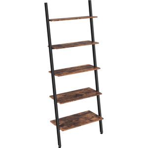 Civic Ladderrek met 5 planken - boekenkast met 5 niveaus - scheve plank - woonkamer - keuken - kantoor - ijzer - stabiel - hellend - leunend tegen de muur - industrieel design - Vintage Bruinzwart