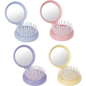 Zeynomax - Set van 4 mini-haarkammen met spiegel en draagbare klapborstels - Haarmassagekam - Voor dames en heren - Reisformaat - Roze, blauw, paars, geel