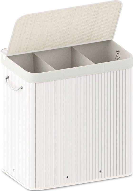 Organess wasmand 3 vakken - Wassorteerder - Wasmand met deksel - Opvouwbaar - 150L - Witte bamboe