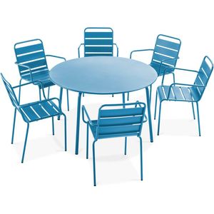 Oviala - Set van een ronde tuin tafel en 6 blauwe Pacific stalen fauteuils - Palavas