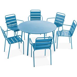 Oviala - Set van een ronde tuin tafel en 6 blauwe Pacific stalen fauteuils