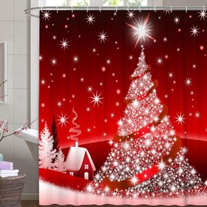Kerstmis douchegordijn sneeuw huis textiel rood gordijn wit kerstboom schimmelbestendig kerstdecoratie ster kleurvast incl. 12 C-ringen gewicht onder 180x200cm (B x H)
