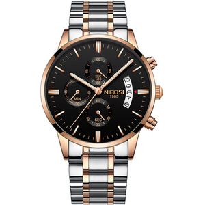 NIBOSI - Heren horloge - Luxe zilver zwart roségoud design - Ø 42 mm - Roestvrij staal