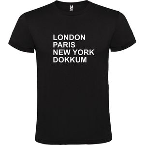 Zwart T-shirt 'LONDON, PARIS, NEW YORK, DOKKUM' Wit Maat L