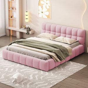 Sweiko Gestoffeerd bed 140 x 190 cm, Jeugdbed, Tweepersoonsbed met zachte rug, plat bed met gestoffeerd frame, Flat noedles frame linnen Roze (Excl. matras)